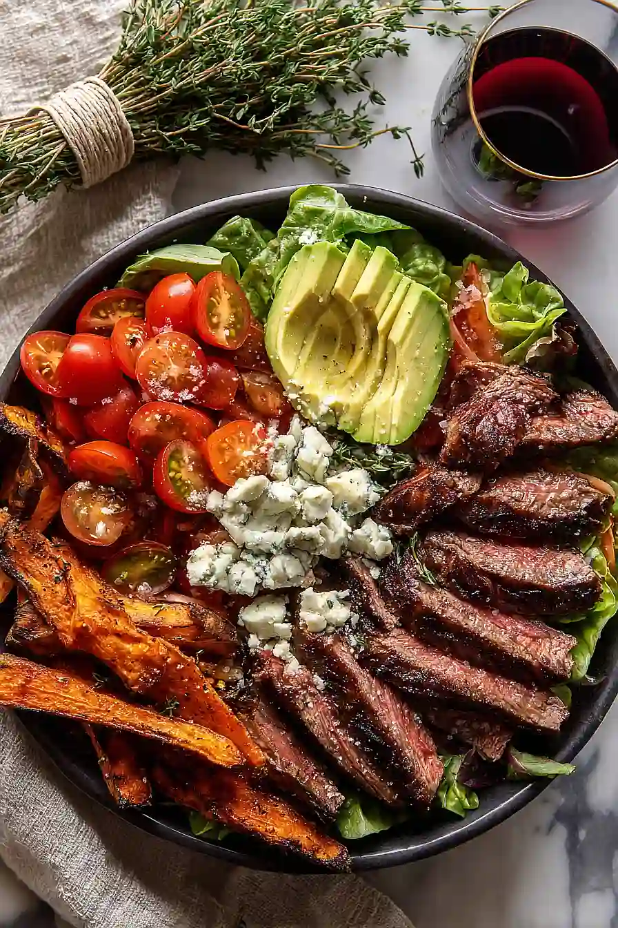 sweet potato fry steak salad with blue cheese butter