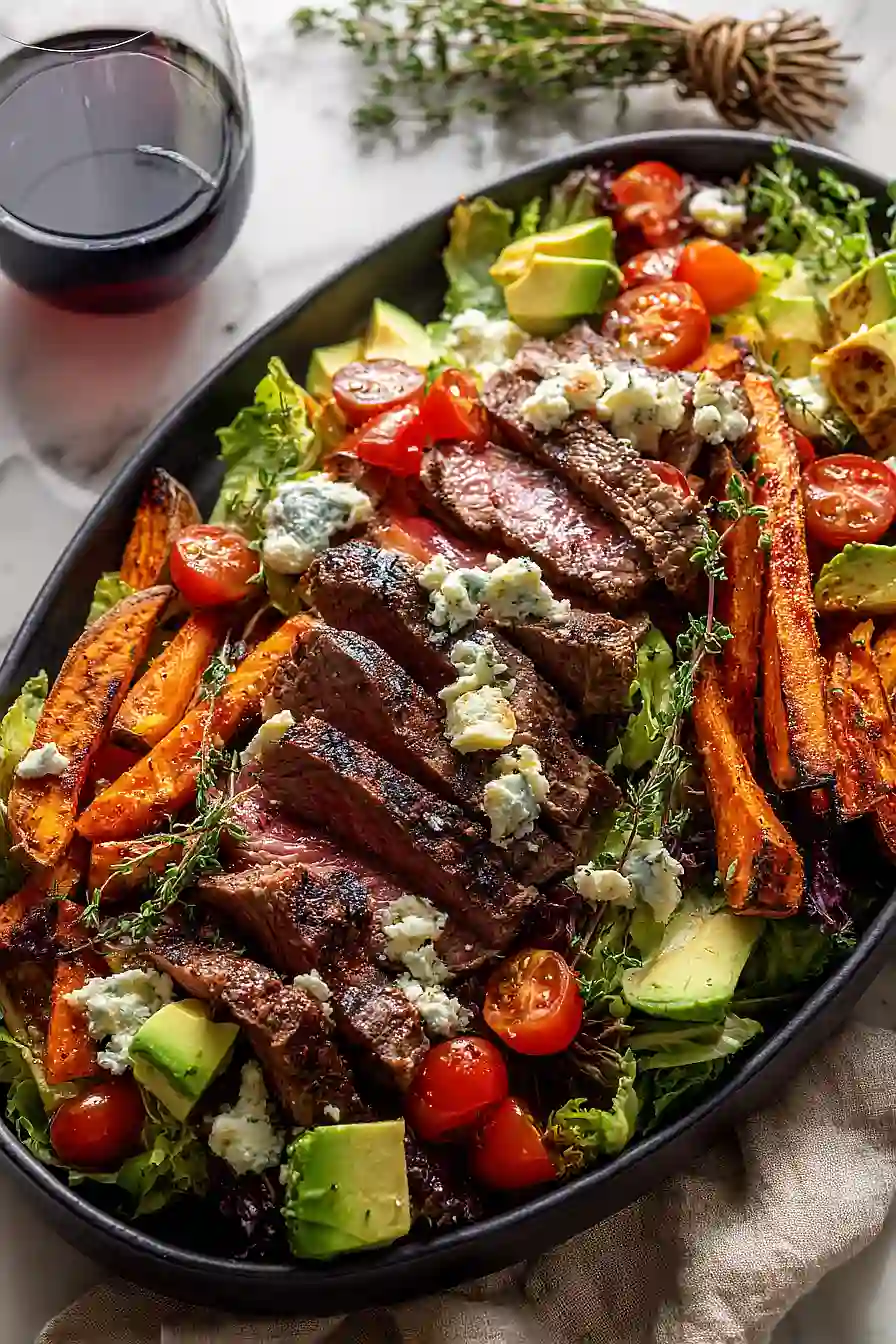 sweet potato fry steak salad with blue cheese butter