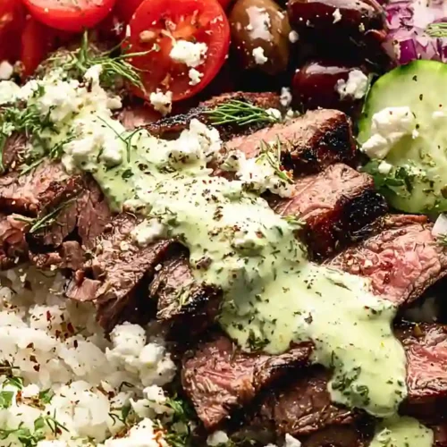 mediterranean steak and rice bowls