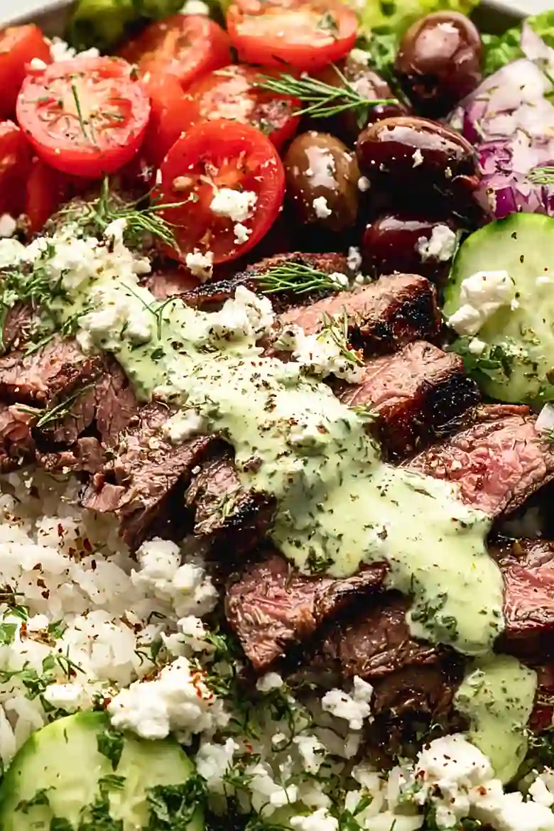 mediterranean steak and rice bowls