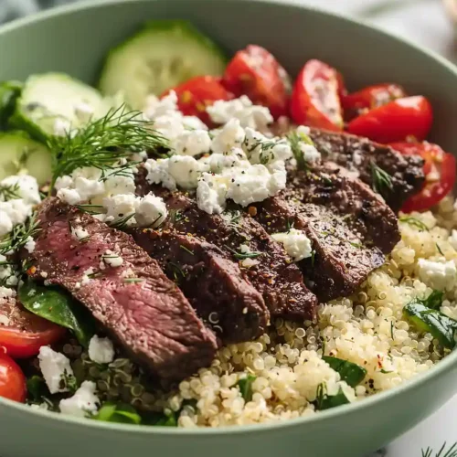 mediterranean steak and quinoa bowl