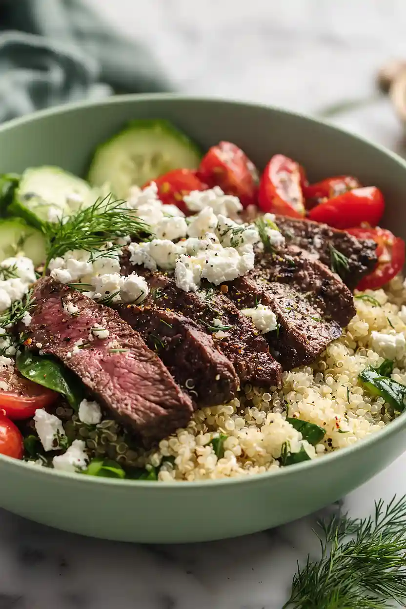 mediterranean steak and quinoa bowl