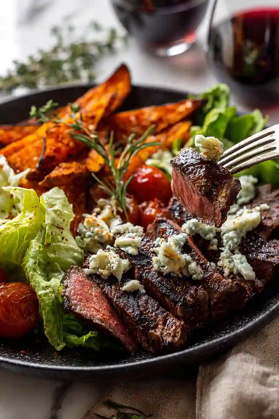sweet potato fry steak salad with blue cheese butter