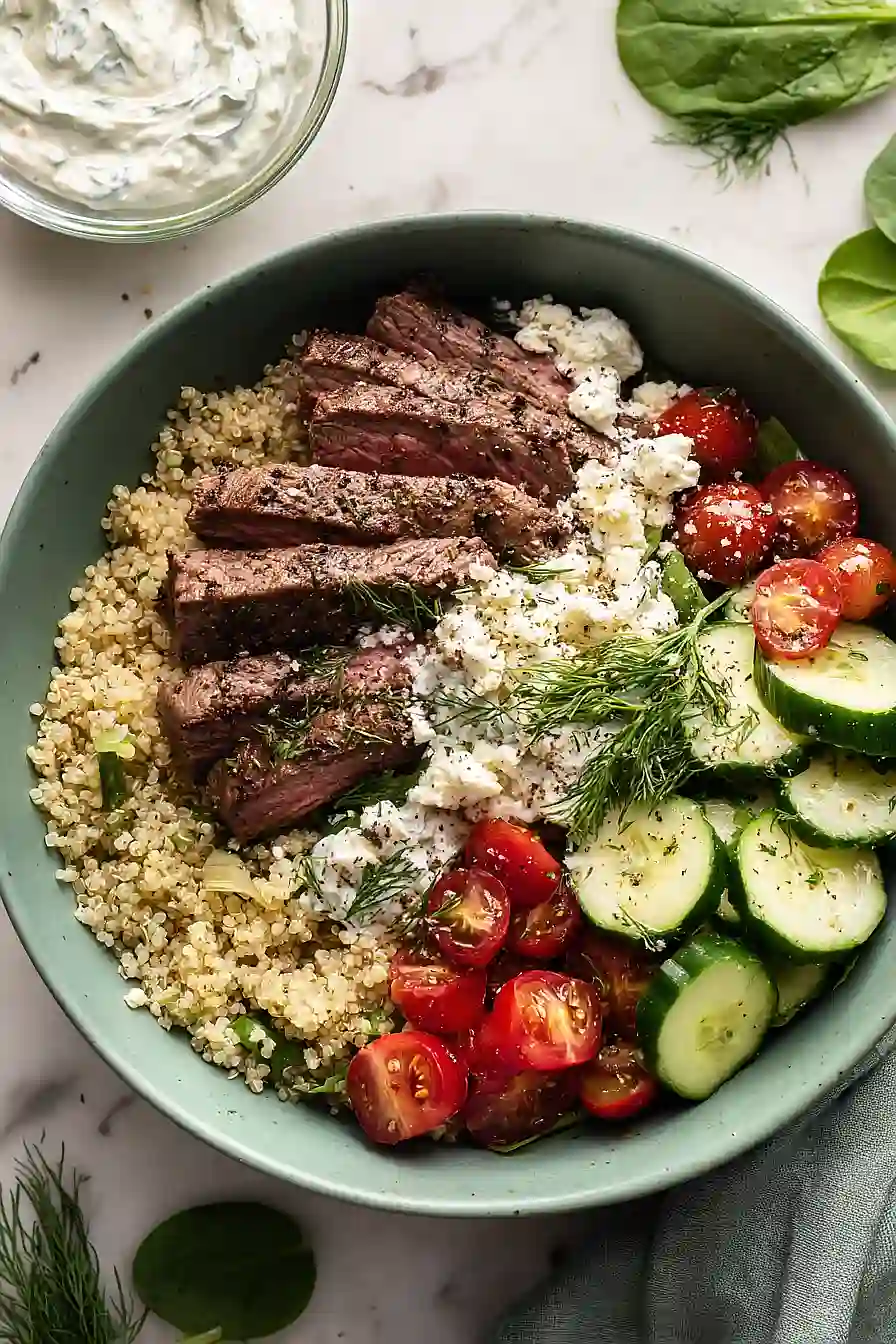 mediterranean steak and quinoa bowl