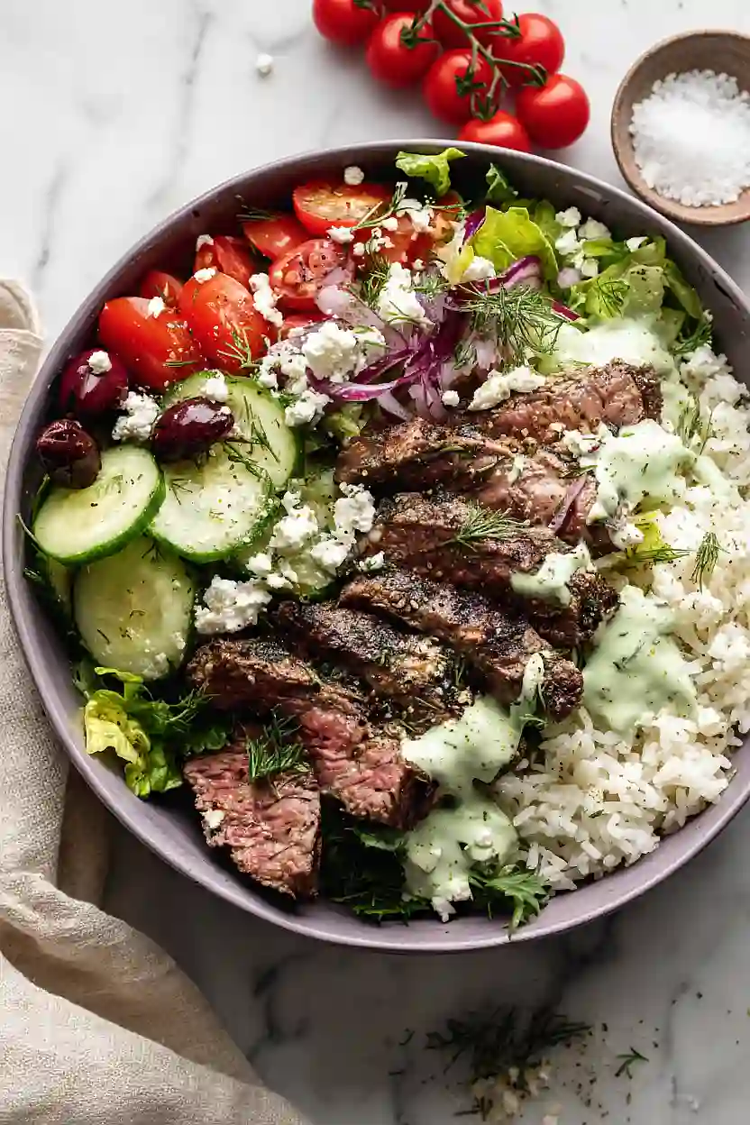 mediterranean steak and rice bowls
