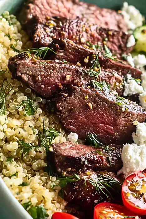 mediterranean steak and quinoa bowl