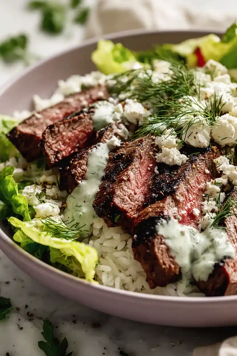 mediterranean steak and rice bowls