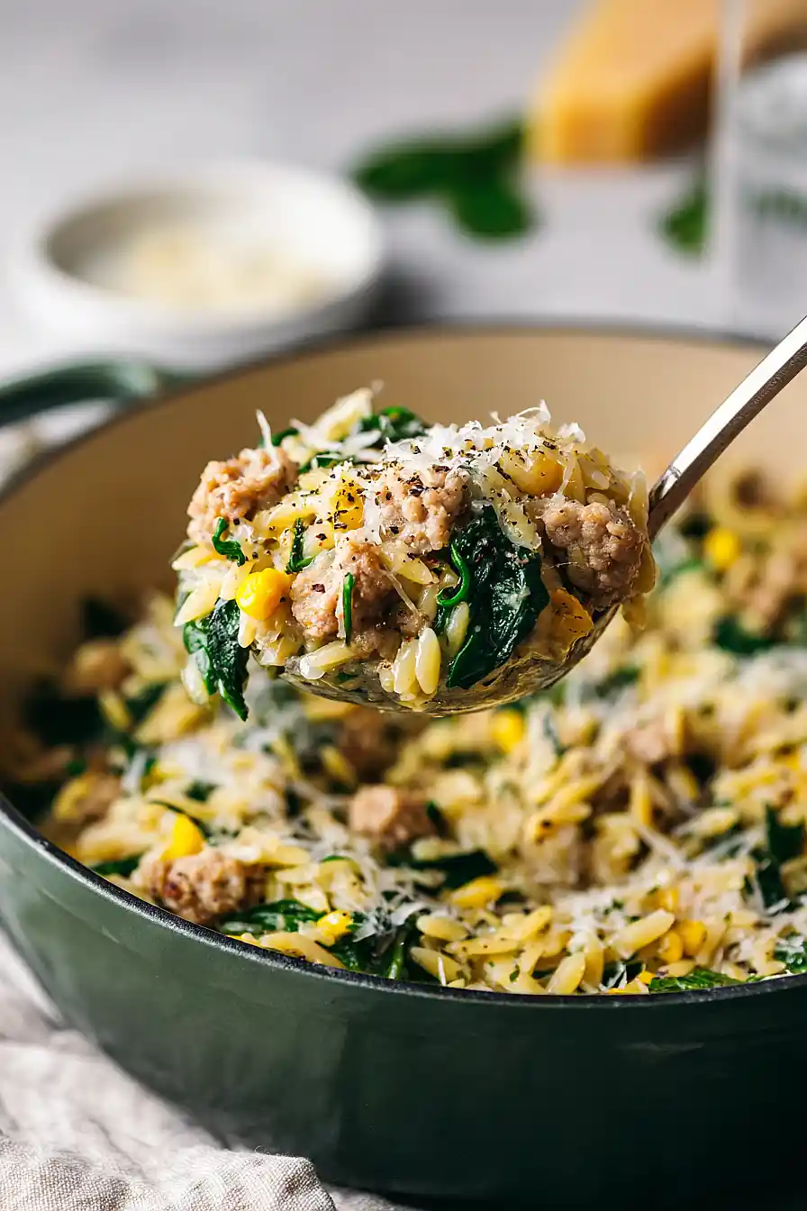 chicken sausage and orzo with spinach