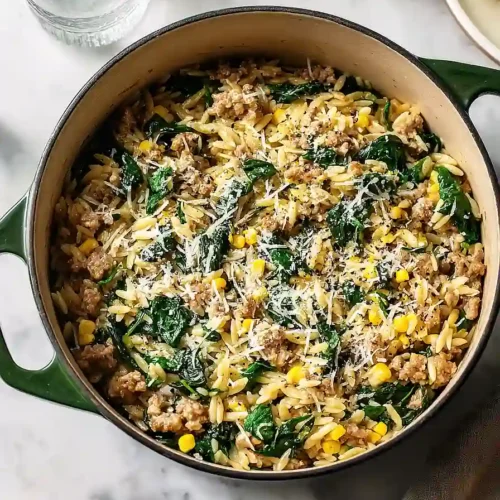 chicken sausage and orzo with spinach
