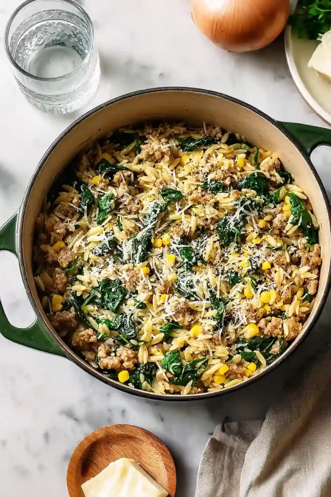 chicken sausage and orzo with spinach