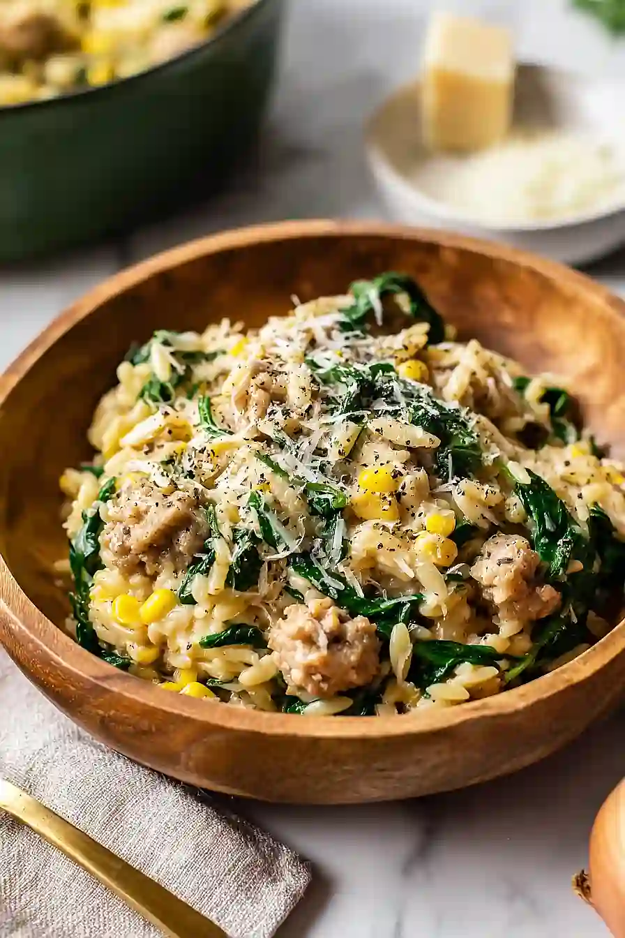 chicken sausage and orzo with spinach